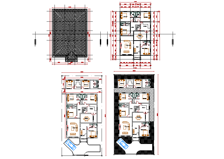 Four bed room design plan autocad file