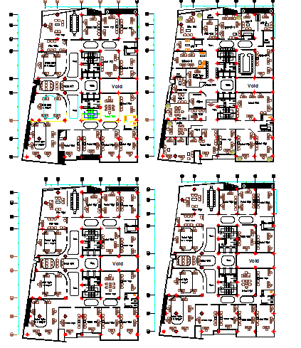 Four floor layout plan details of administrative building dwg file