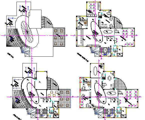 Four floor plan layout details of bank head office building dwg file