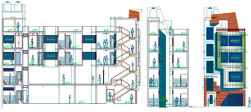 Four flooring office building elevation and sectional details dwg file