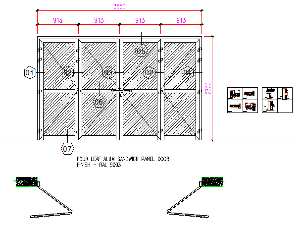 Four leaf aluminium sandwich panel door finish details dwg file