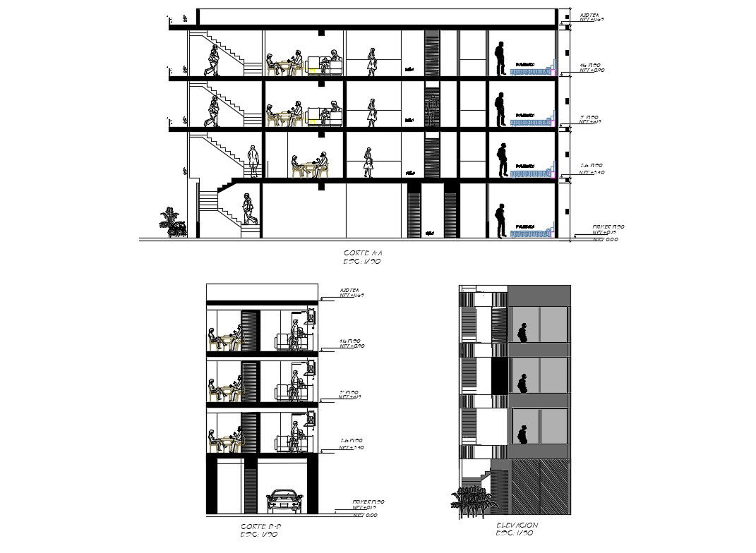 Four story house building main elevation and sectional details dwg file