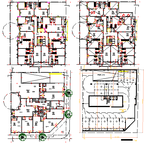 Four story residential and commercial building floor plan details dwg file
