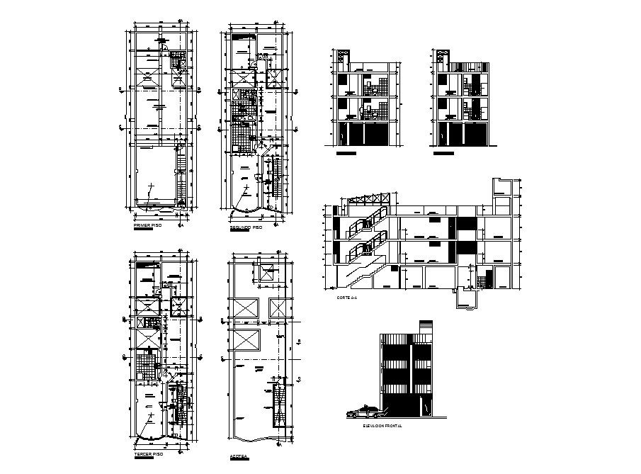 Four story residential apartment building detailed architecture project dwg file