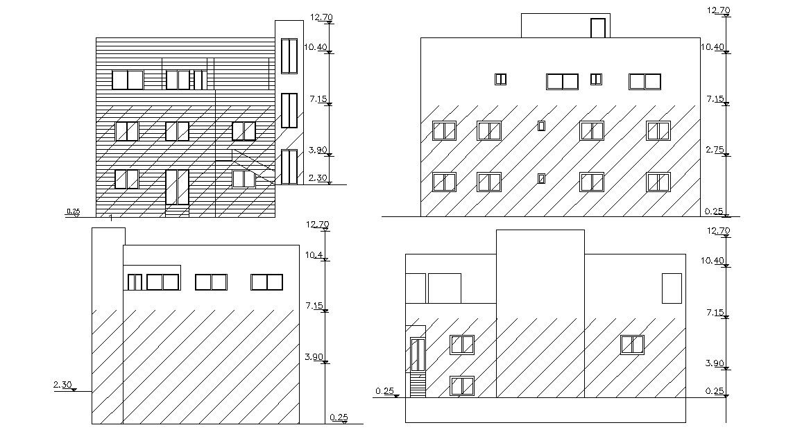 Four Side Elevation Of Residential Building CAD File