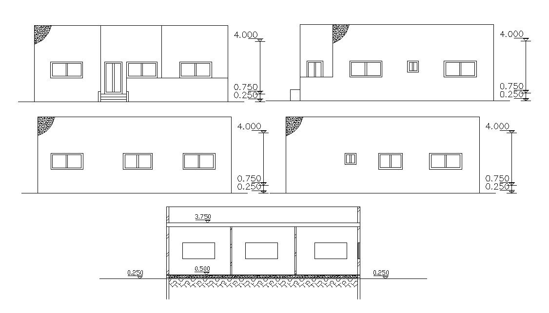 Four Side Elevations And Section Of House Design DWG