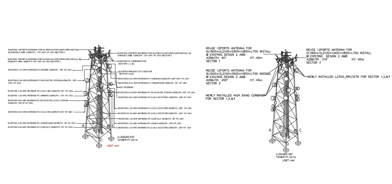Four legged Self Supporting Tower (SST) or Lattice Tower given in the form or 3D model. Download the 2D DWG file.