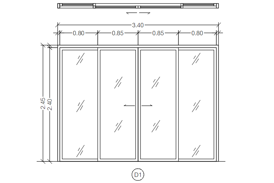 Four panel glass door design in detail AutoCAD drawing, dwg file, CAD file