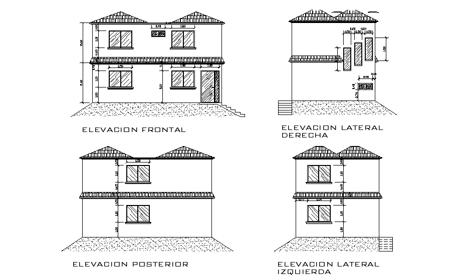 Four side elevation of the house building has been given in this Autocad drawing file. Download now.