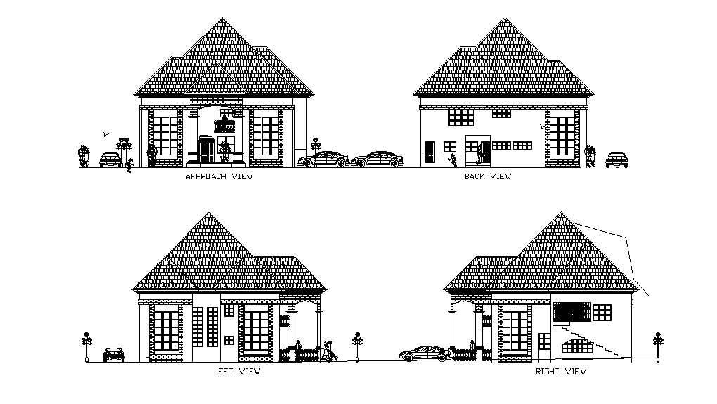 Four side elevation view of 9x11m house building is given in this Autocad drawing file. Download now.