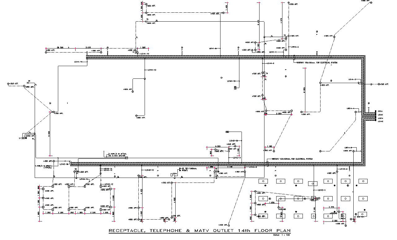 Fourteenth-floor Receptacle, telephone, and MA tv outlet sectional details are given in this 2D CAD DWG drawing.Download the AutoCAD 2D DWG file.