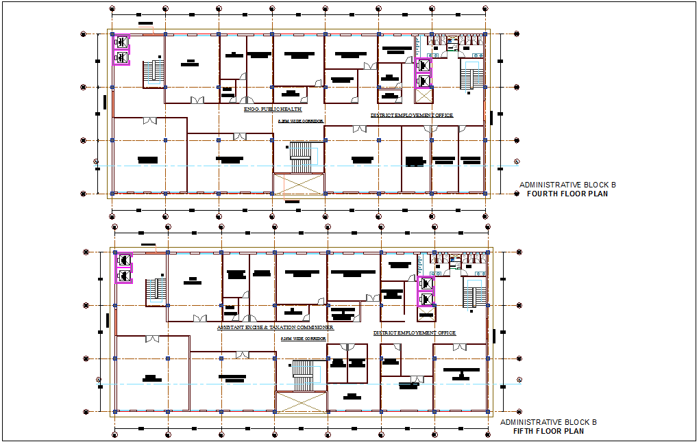 Fourth and fifth floor plan of block B for administration building dwg file