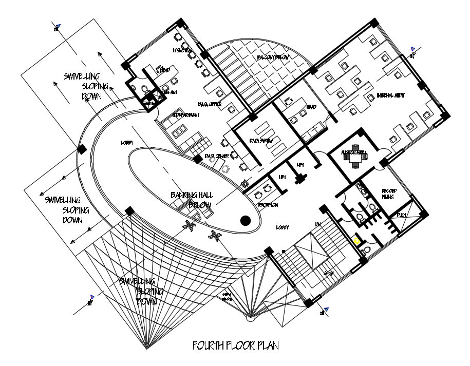 Fourth-floor plan of the office detail defined in this AutoCAD file. Download this 2d autocad drawing file.