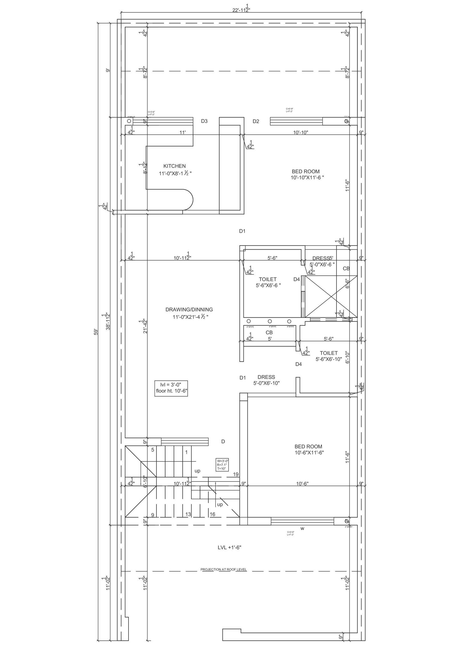 Fraction dimension details for twenty two feet by fifty nine feet house plan dwg autocad drawing.