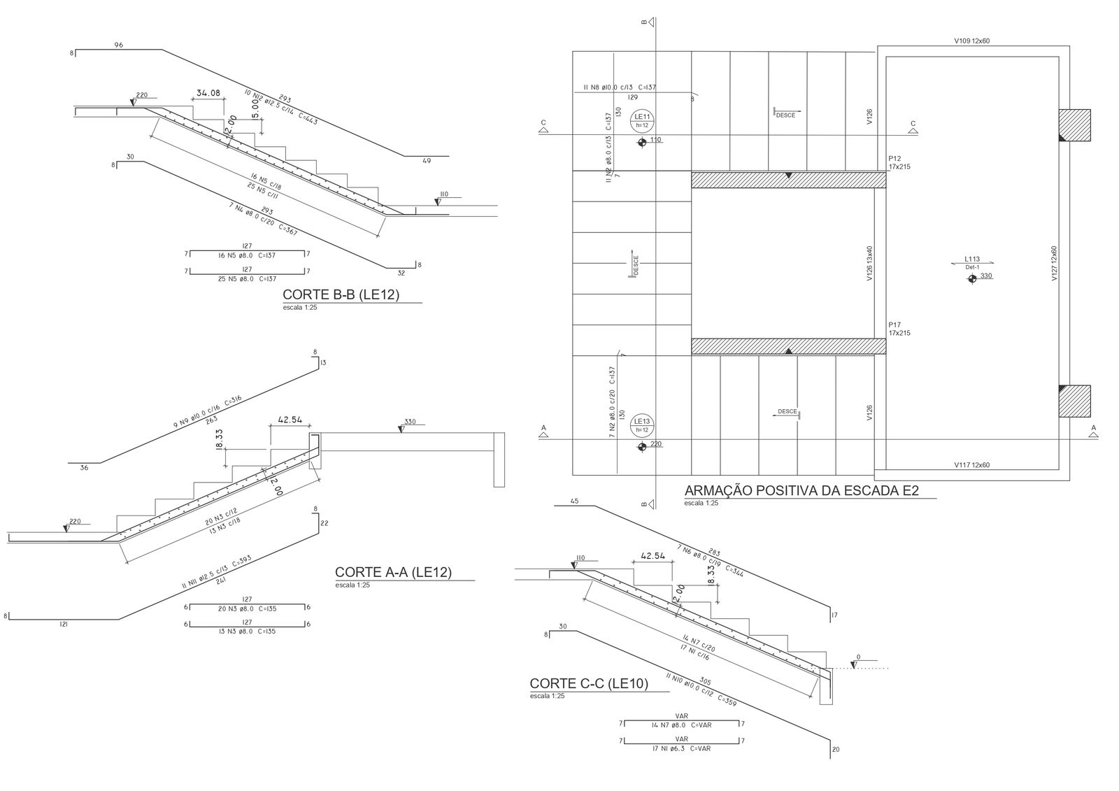 Frame design of ladder detailed sections of staircase DWG autoCAD drawing