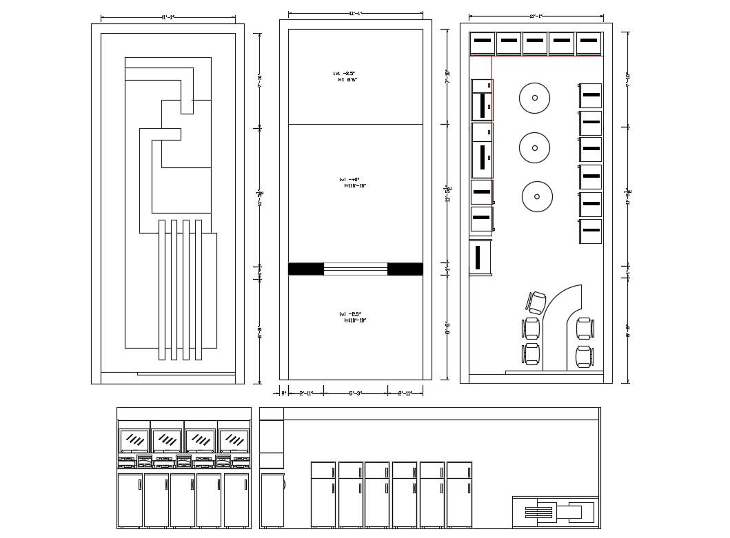 Electronic Shop CAD Plan with Floor Layout, Sections, and Dimensions