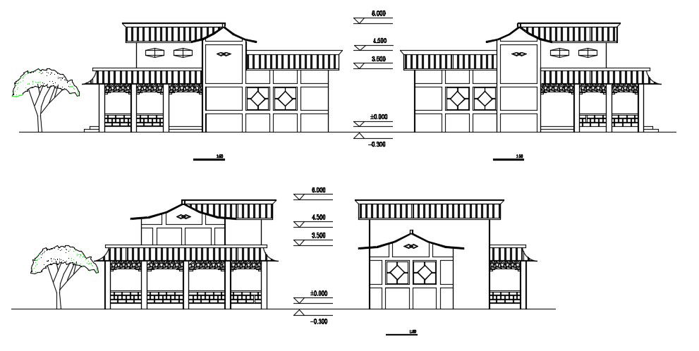 Traditional 2-Story Residential Bungalow Elevation DWG File