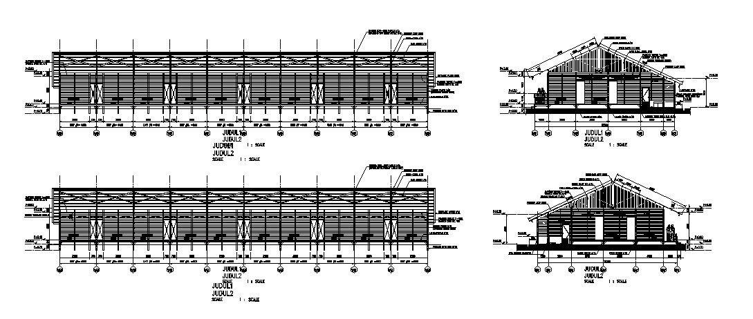 Front, back and side constructive sectional details of long house dwg file