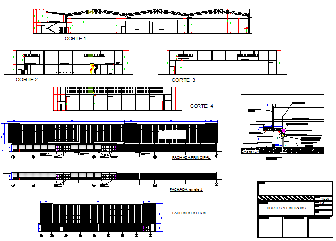 Front, back and side elevation and sectional view details of market dwg file