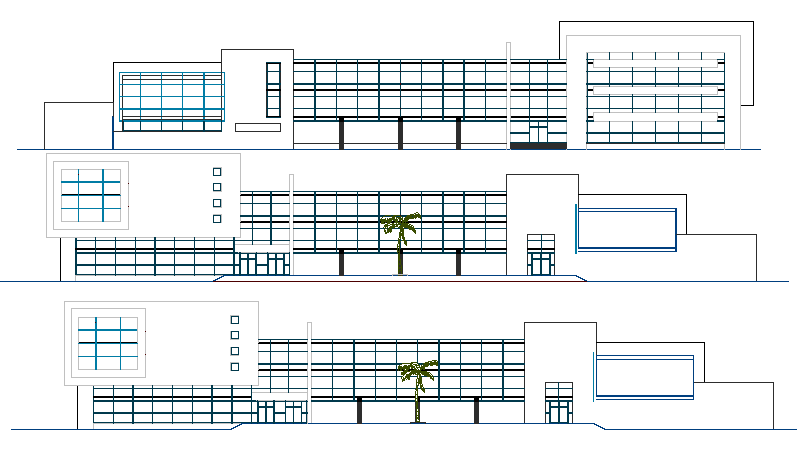 Front, back and side elevation details of municipality building dwg file