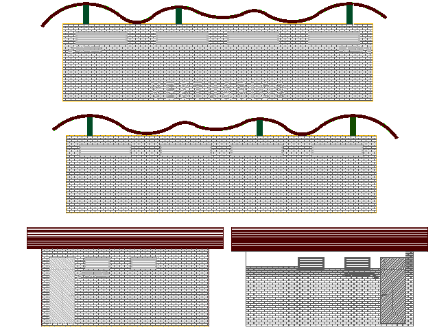 Front, back and side elevation details of sports center dwg file