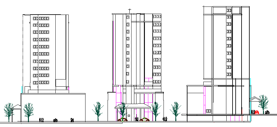 Front, back and side elevation of Residential housing building dwg file