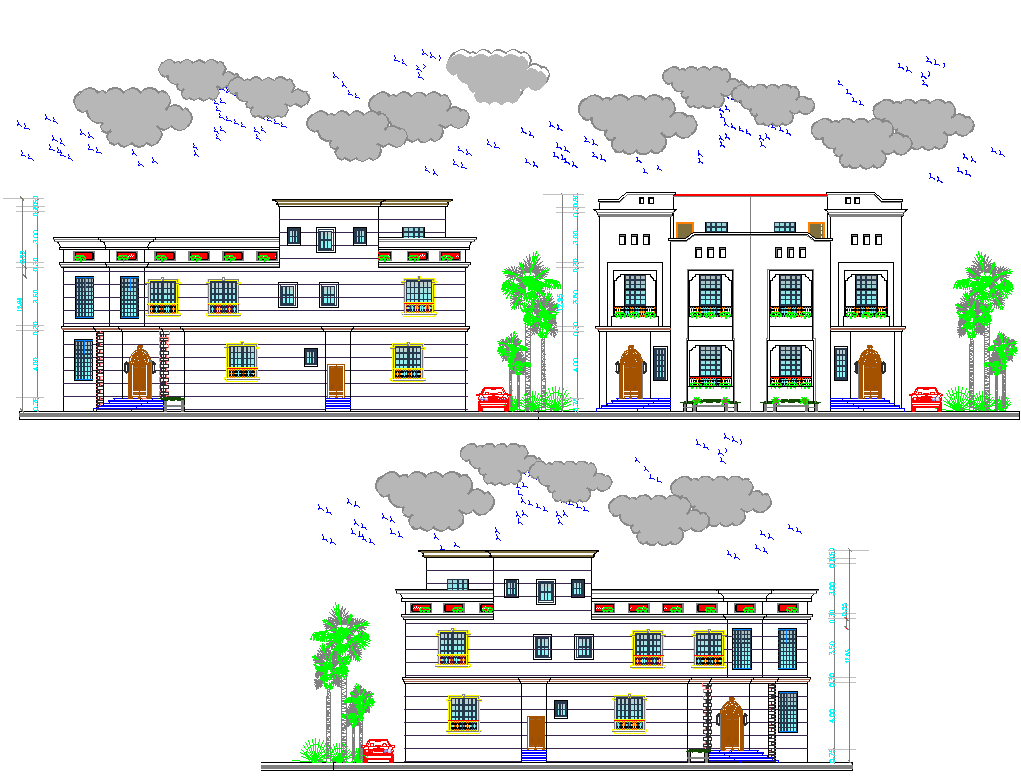 Front, back and side elevation of residential building dwg file