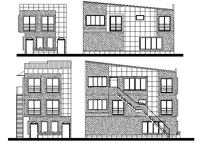 Front, back and side elevation of three flooring bungalow dwg file