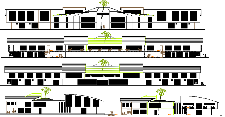 Front, back and side elevation view of community service center dwg file