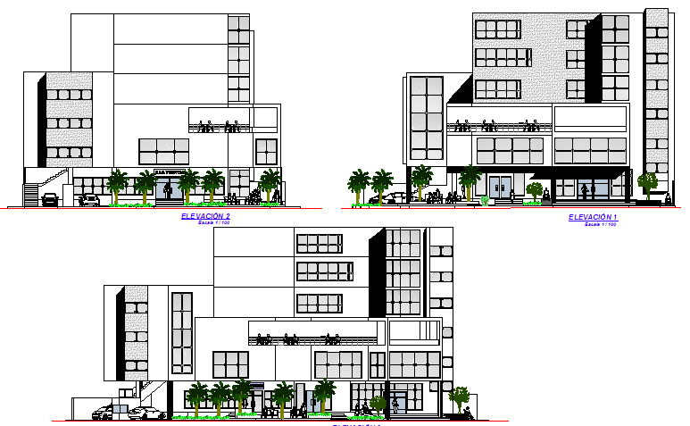 Front, back and side elevation view of multi-story municipal building dwg file