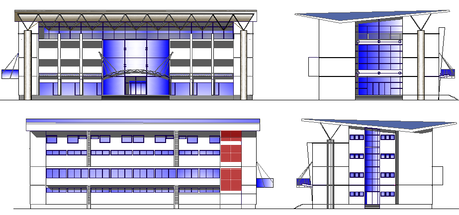 Front, back and side elevation view of shopping mall dwg file
