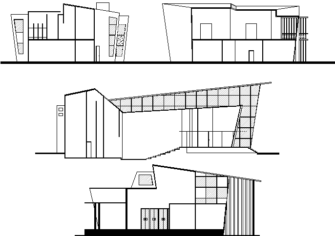 Front, back and side elevations of city auditorium hall building dwg file
