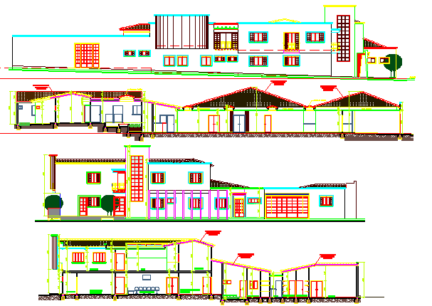 Front, back and side elevations of multi-flooring health center dwg file