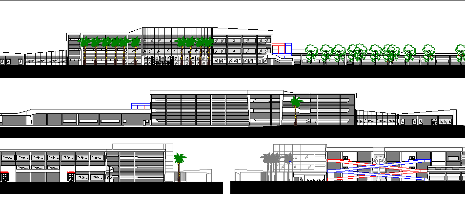 Front, back and side elevations of multi-flooring hospital dwg file