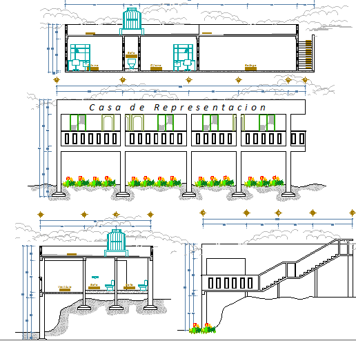 Front, back and side sectional details of representation house dwg file