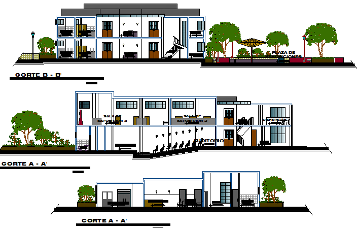 Front, back and side sectional view details of finance building dwg file