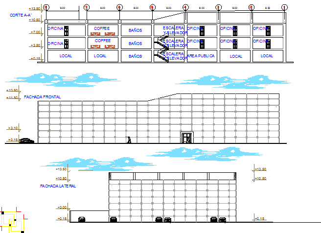 Front, back elevation and main sectional details of corporate building dwg file