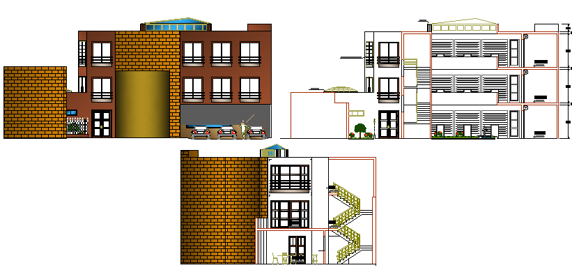 Front, back elevation and sectional details of shopping center dwg file