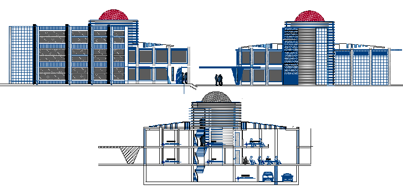 Front, back elevation and sectional details of shopping mall dwg file