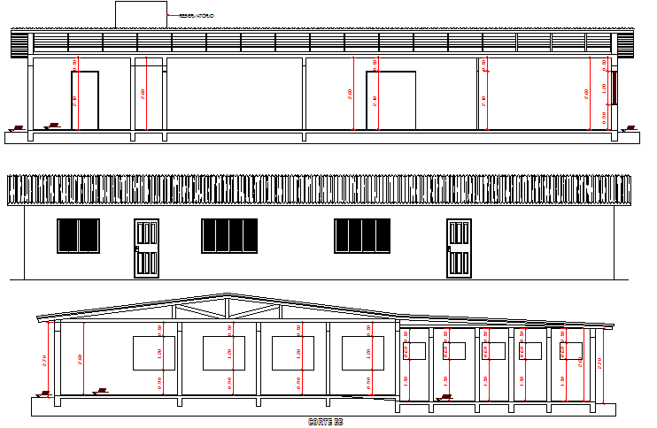 Front, back elevation and sectional view of one family house dwg file