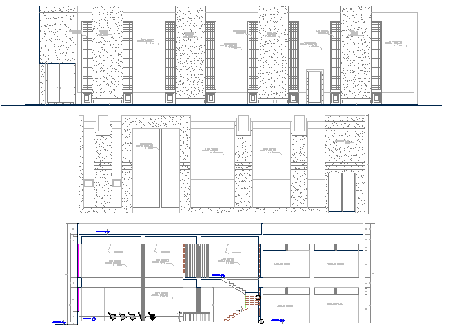 Front, back elevations & section details of finance center office dwg file