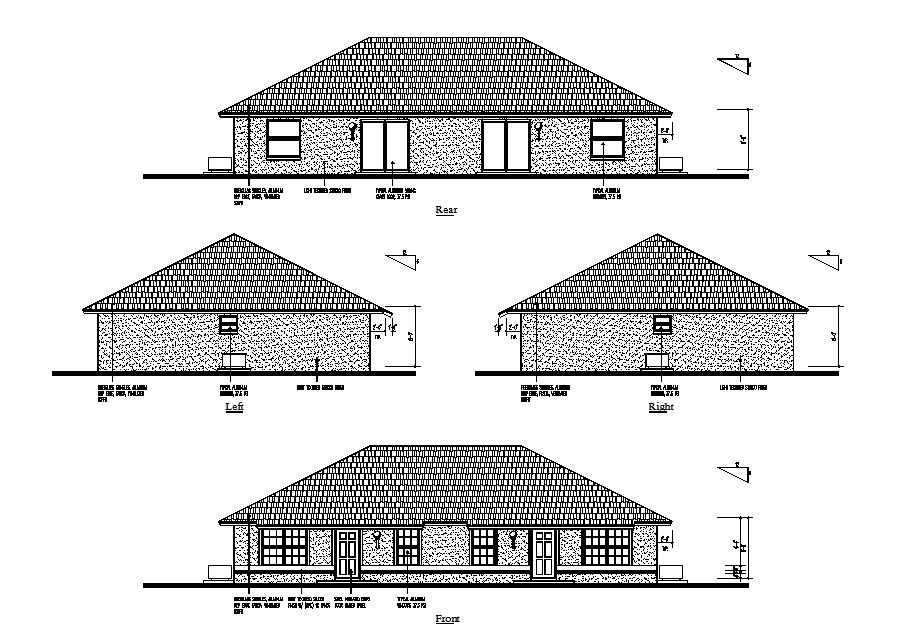 Front, left, right and rear side elevation details of single story house dwg file