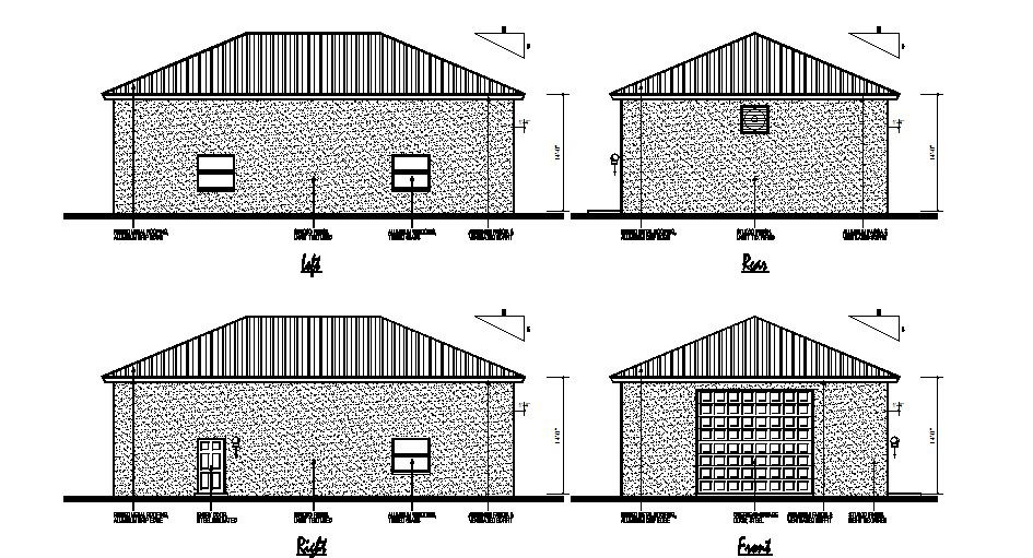 Front, rear, left and right side elevation of one story house dwg file