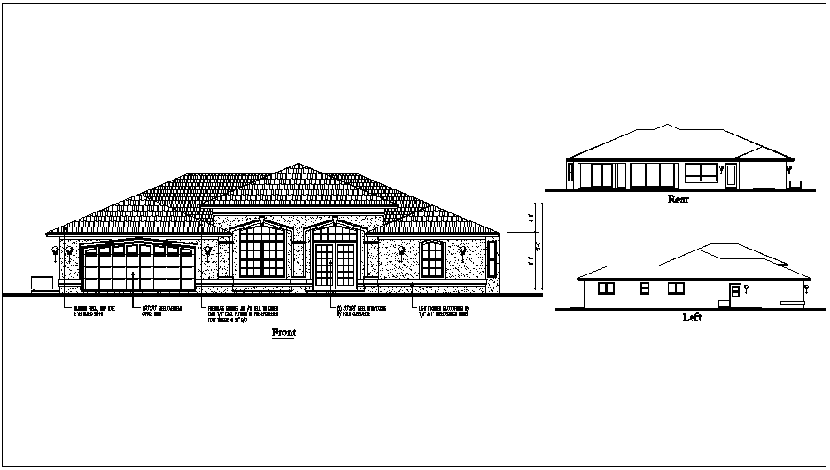 Front,rear and left view of house dwg file