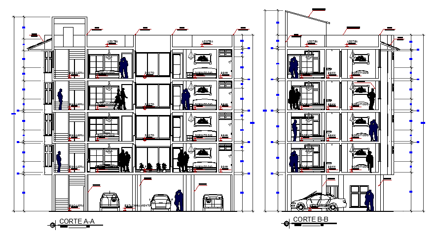 Front , back and sectional elevation detail dwg file