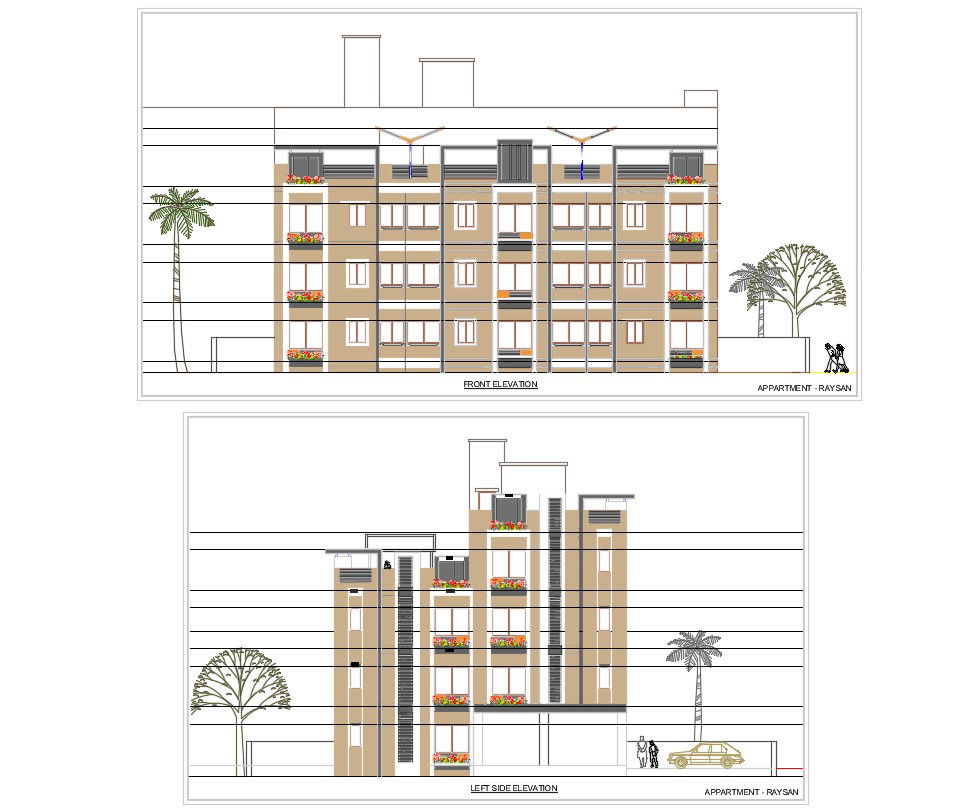 Front And Left Side Elevation Of Apartment Building With Presentation AutoCAD File