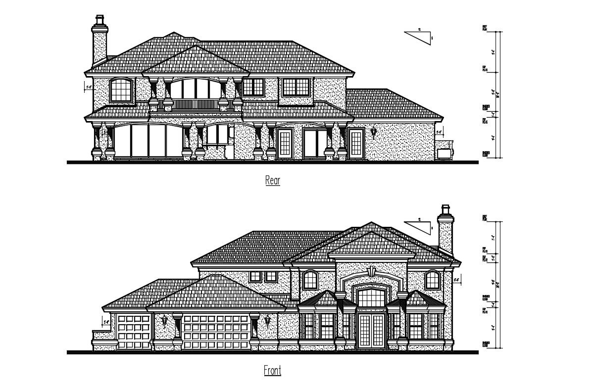 Front And Rear Side Elevation Of Huge Bungalow AutoCAD File