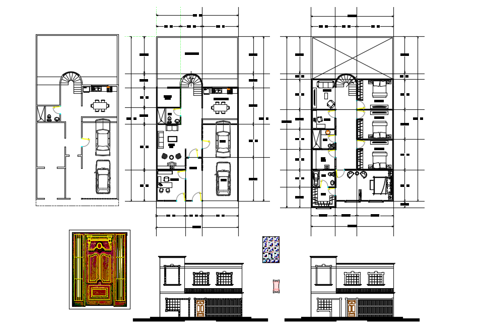 Front Door elevation and floor details of Bungalows dwg file