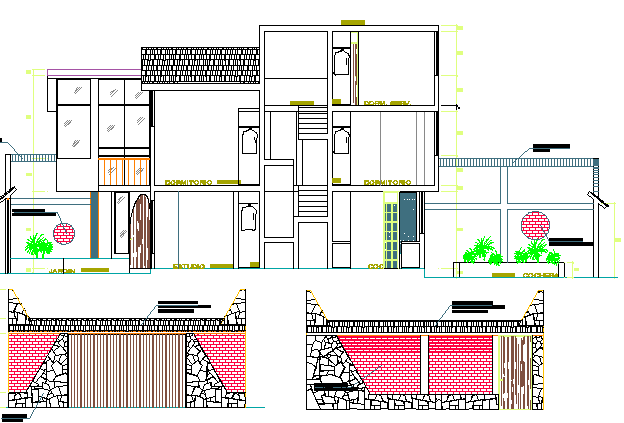 Front Elevation & Section Plan, Two Flooring Residential House dwg file