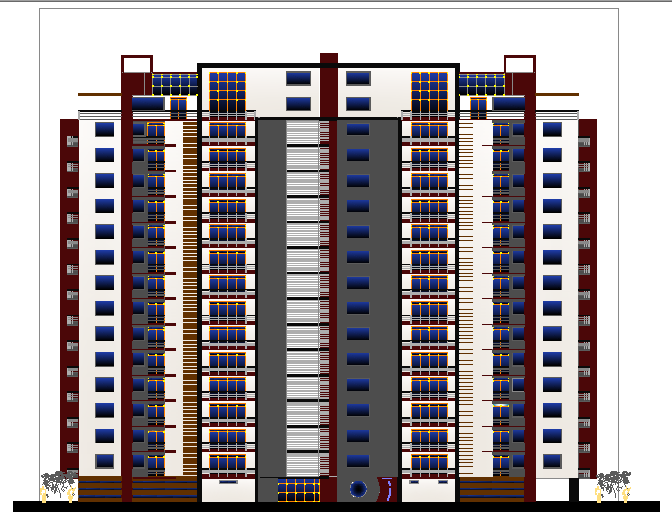 Front Elevation of High Rise Building dwg file